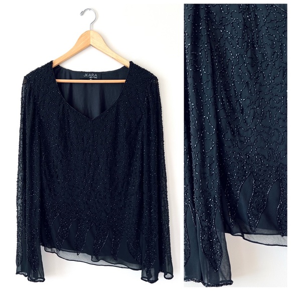 JKARA 🌸 Beaded Black Bell Sleeve V-Neck Top w Sharktail Hem - Picture 1 of 13